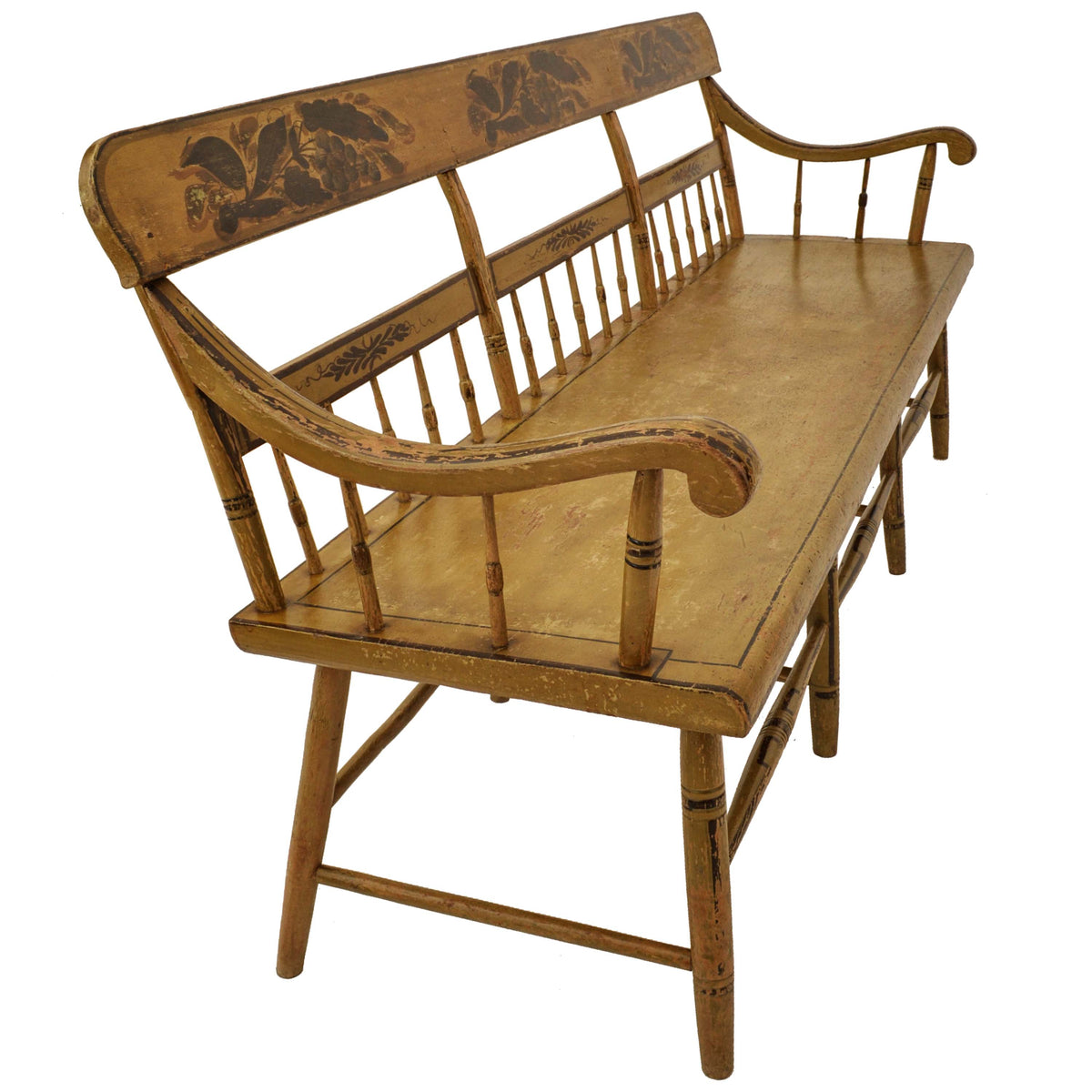 Antique American Colonial Federal Baltimore Painted Spindled Windsor Bench, circa 1820