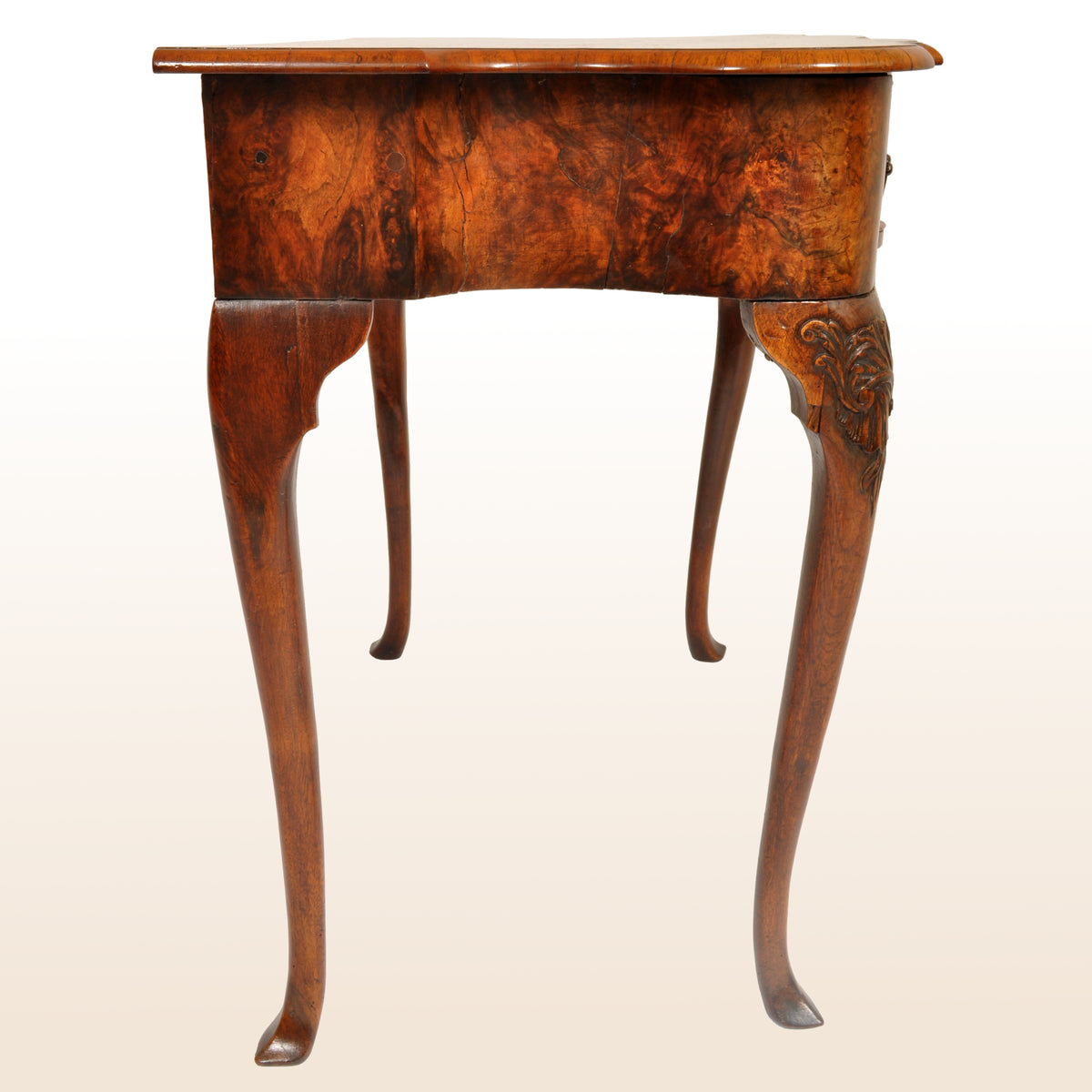 Antique Queen Anne Serpentine Burl Yew & Walnut Inlaid Side Table / Lowboy, circa 1710