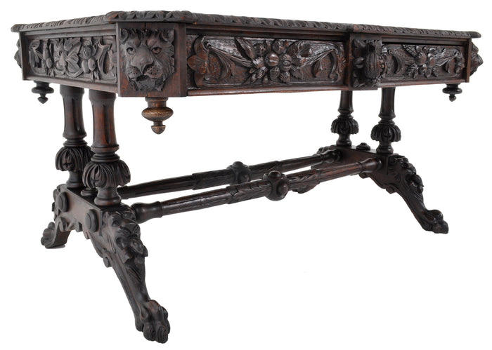 Antique 19th Century French Carved Oak Library Table, Circa 1860
