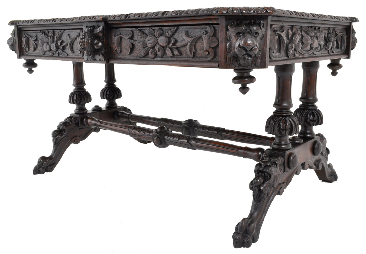 Antique 19th Century French Carved Oak Library Table, Circa 1860