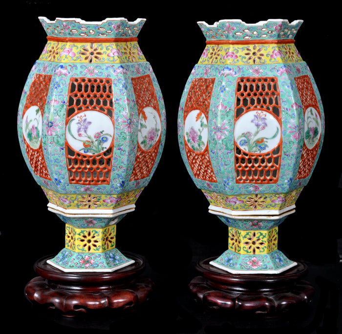 Pair of Antique Chinese Qing Dynasty Imperial Porcelain Wedding Lanterns / Vases, circa 1820