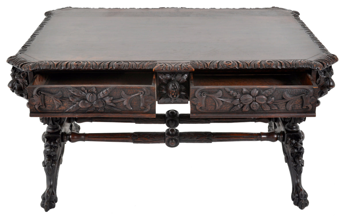Antique 19th Century French Carved Oak Library Table, Circa 1860