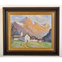 Antique Oil on Board Painting of a Swiss Chalet Mountain Landscape Scene, Circa 1900