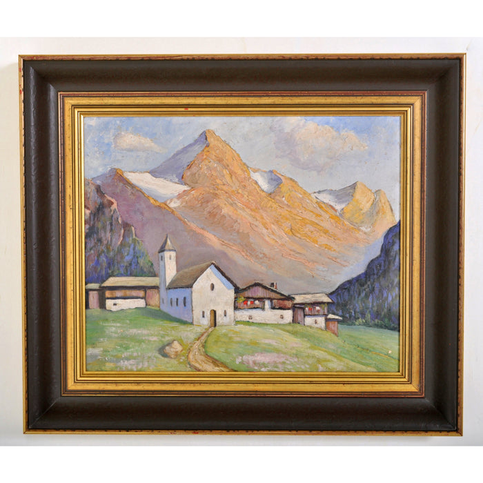 Antique Oil on Board Painting of a Swiss Chalet Mountain Landscape Scene, Circa 1900