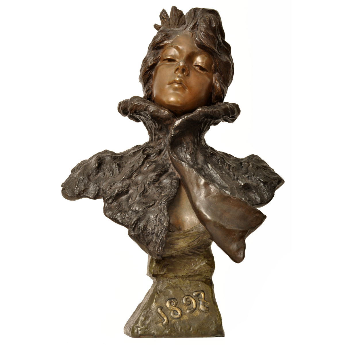 Antique French Art Nouveau Bronze Female Bust Sculpture "1897" Emanuel Villanis