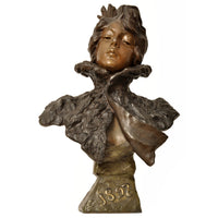 Antique French Art Nouveau Bronze Female Bust Sculpture "1897" Emanuel Villanis