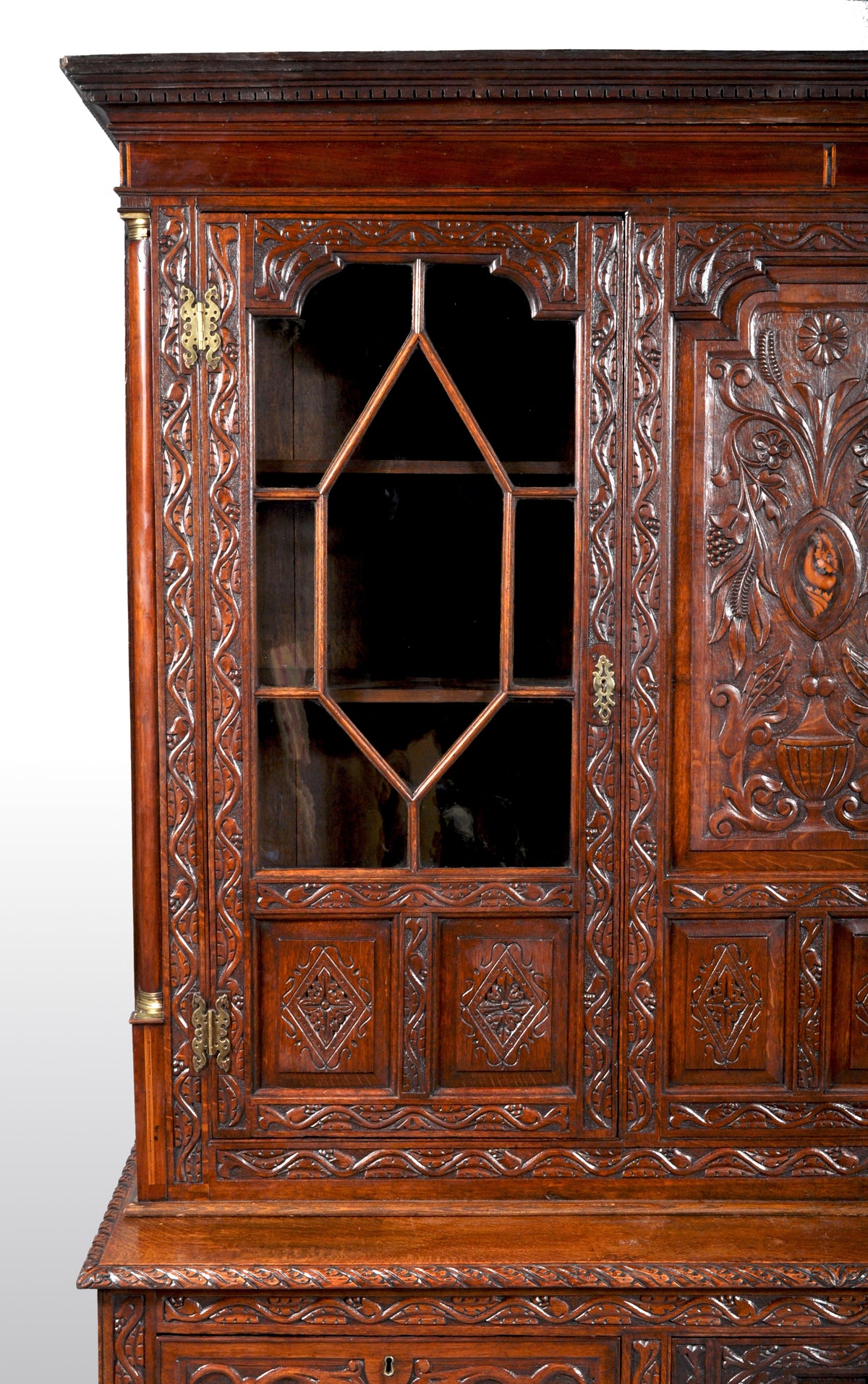 Antique English Georgian Carved Oak Bookcase / Cupboard / Dresser, circa 1750