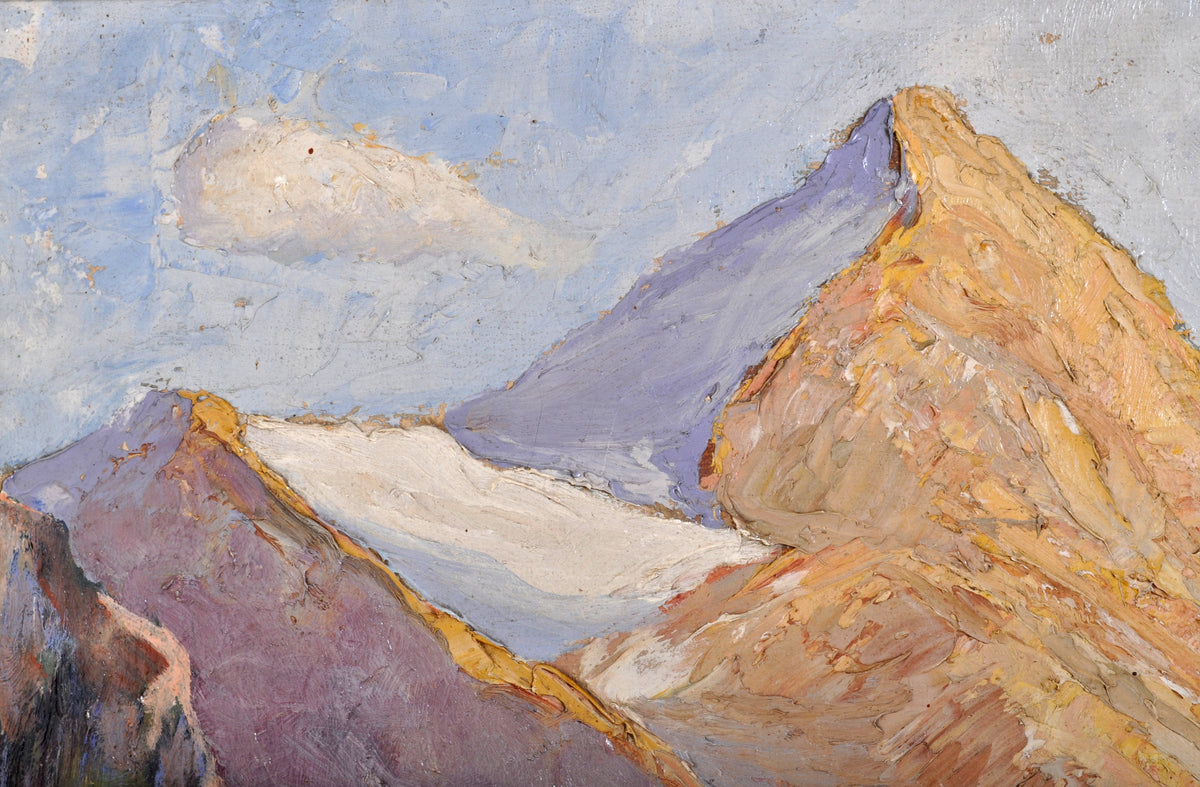 Antique Oil on Board Painting of a Swiss Chalet Mountain Landscape Scene, Circa 1900