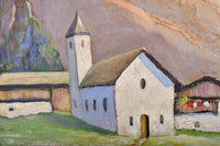 Antique Oil on Board Painting of a Swiss Chalet Mountain Landscape Scene, Circa 1900