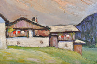 Antique Oil on Board Painting of a Swiss Chalet Mountain Landscape Scene, Circa 1900