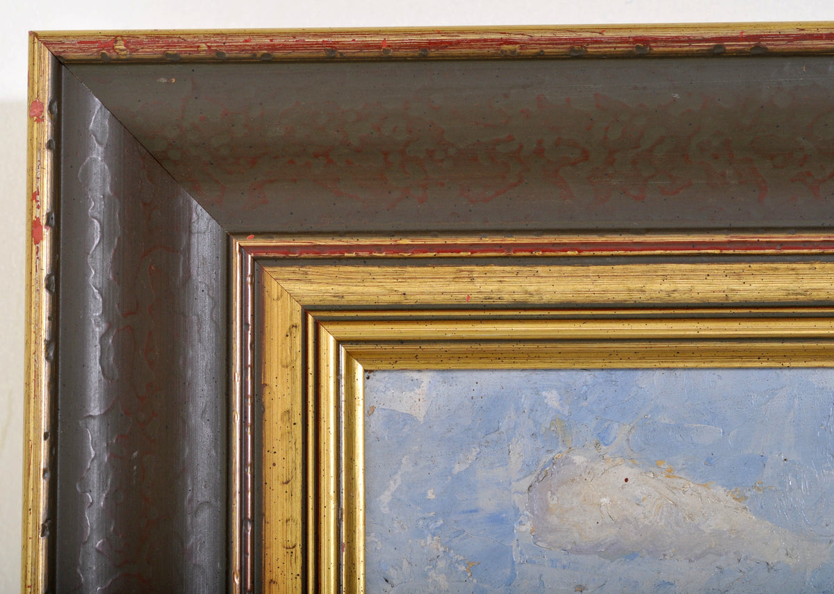 Antique Oil on Board Painting of a Swiss Chalet Mountain Landscape Scene, Circa 1900