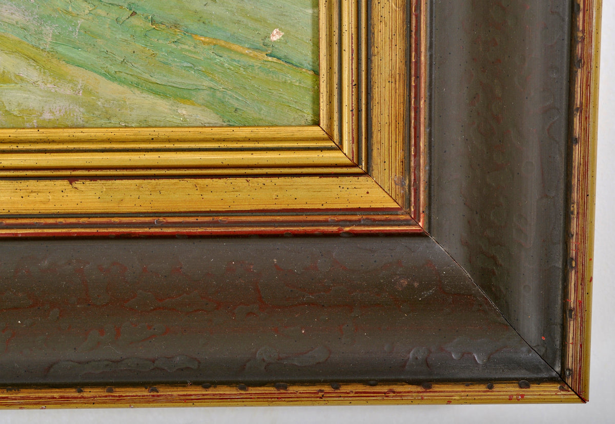 Antique Oil on Board Painting of a Swiss Chalet Mountain Landscape Scene, Circa 1900