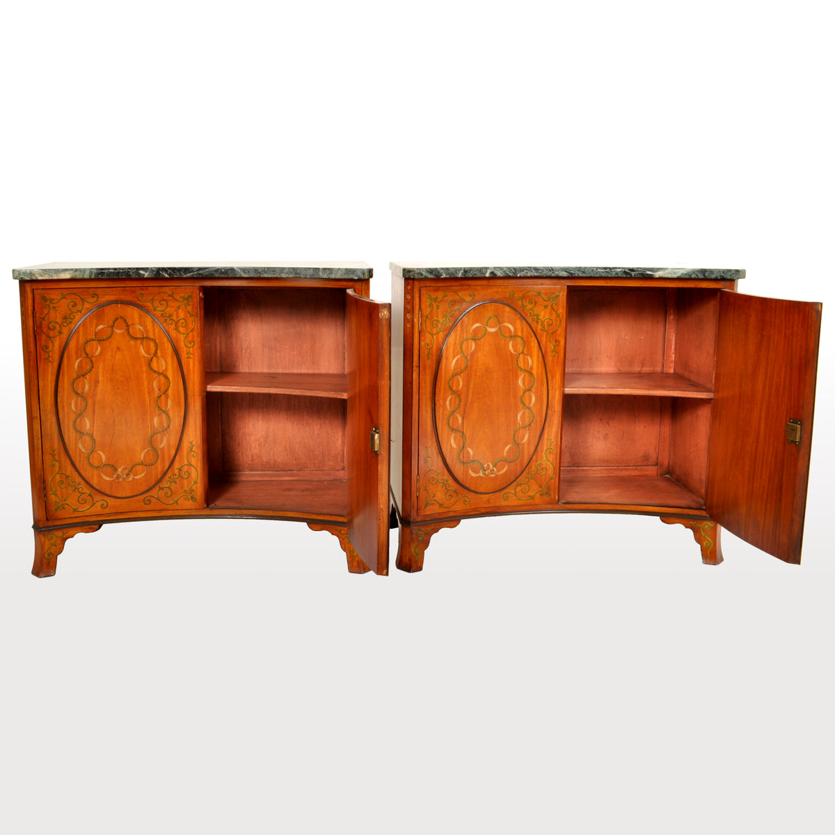 Pair of Antique Marble Top Painted Adam Revival Satinwood Commodes / Cabinets, circa 1880