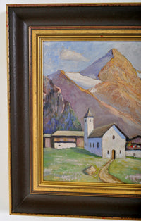 Antique Oil on Board Painting of a Swiss Chalet Mountain Landscape Scene, Circa 1900