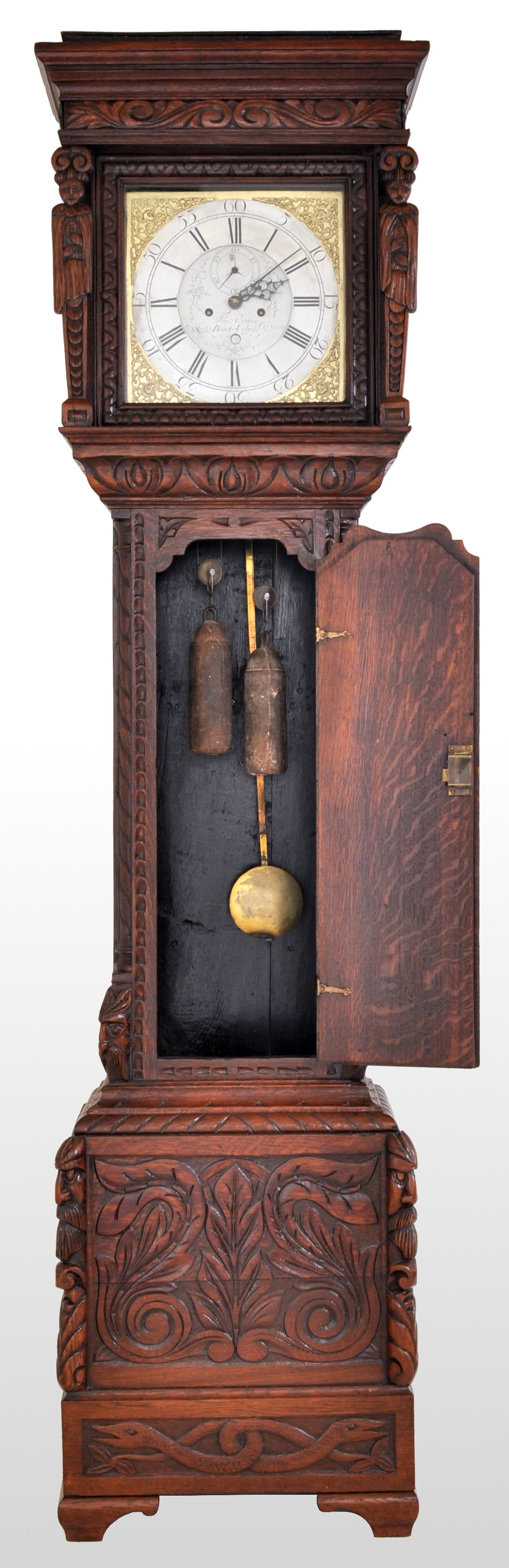 Antique Welsh Carved Oak 8-Day Longcase/Grandfather Clock by Thomas Evans, circa 1770
