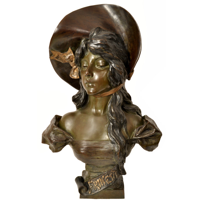 Antique French Art Nouveau Bronze Female Bust "Frinétte" Emanuel Villanis Circa 1895