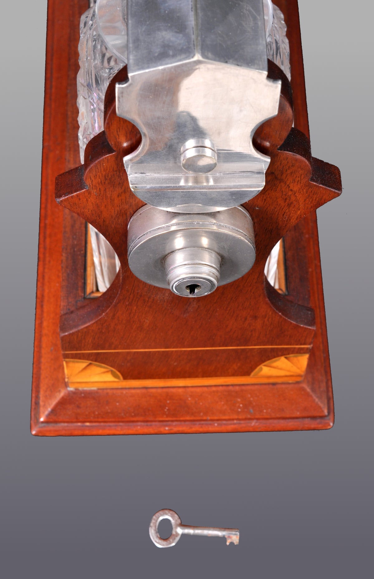 Antique English Sheraton Inlaid Mahogany Edwardian Silver-Plated Tantalus, circa 1890