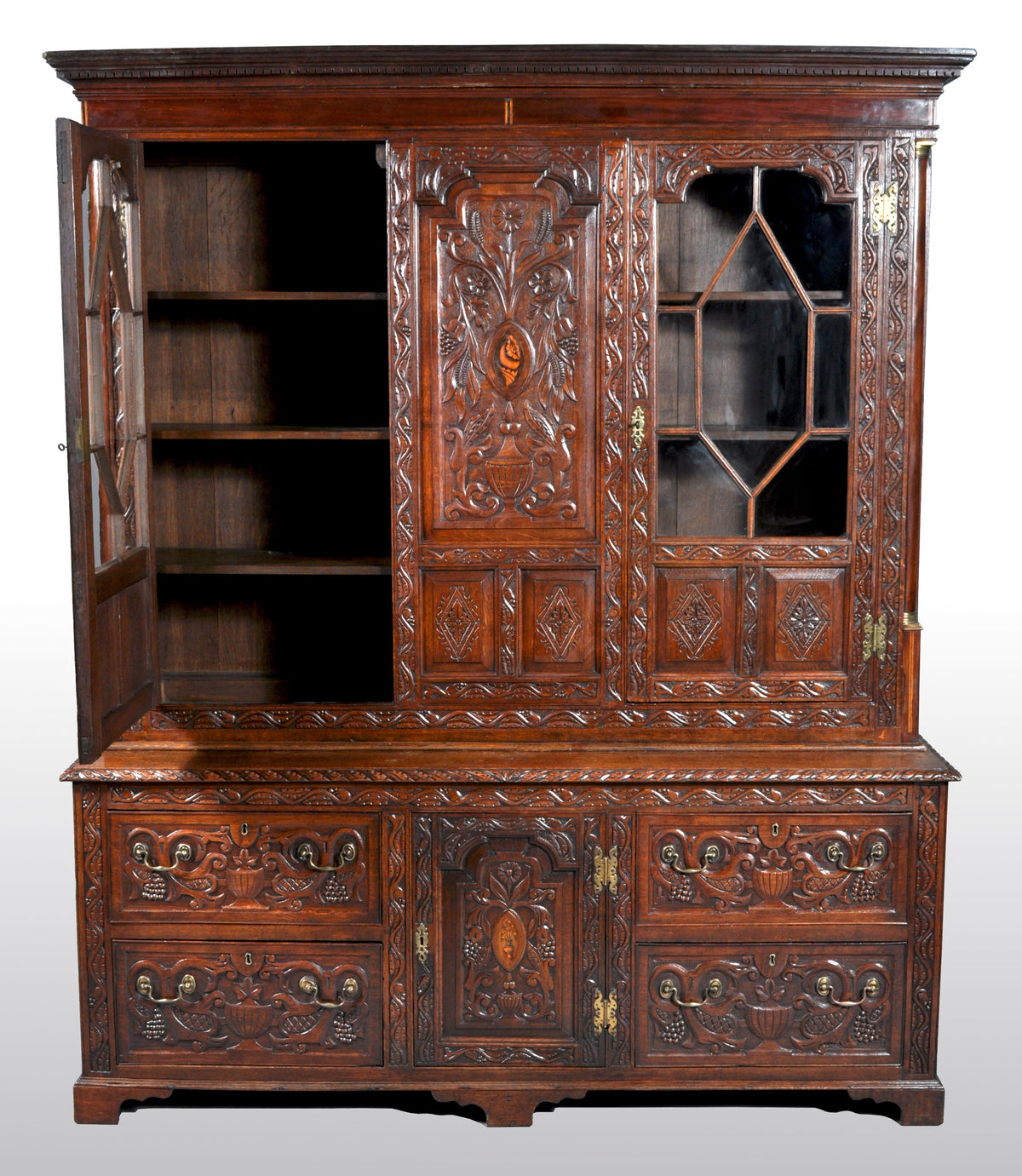 Antique English Georgian Carved Oak Bookcase / Cupboard / Dresser, circa 1750