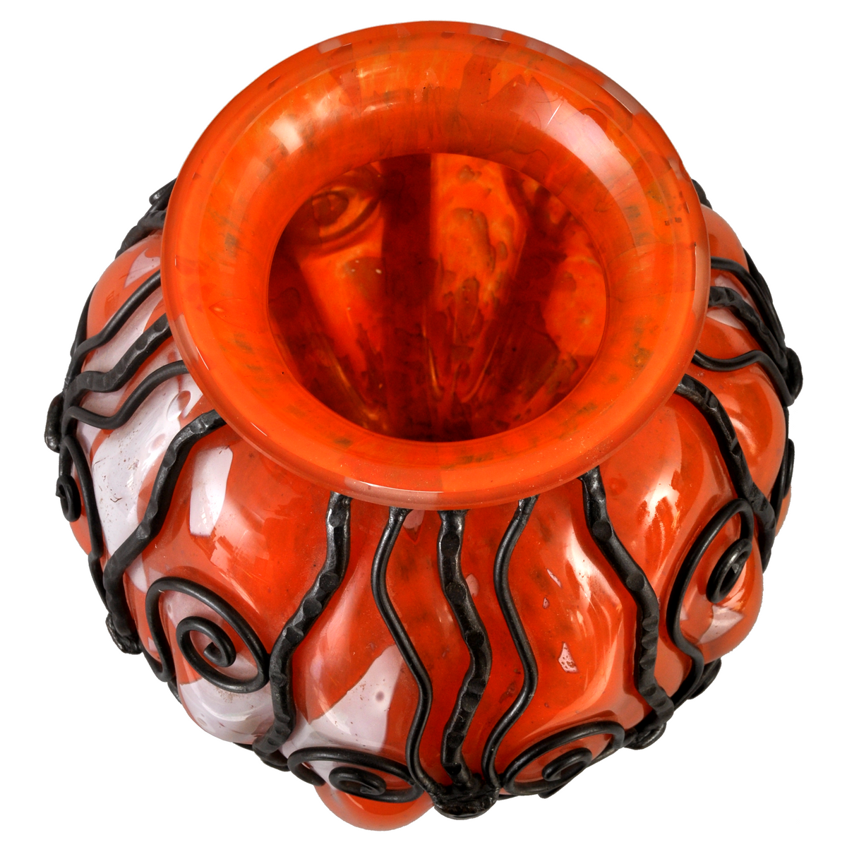 Large Antique French Art Deco Glass and Iron Vase, Daum Majorelle Lorrain Nancy, 1920s