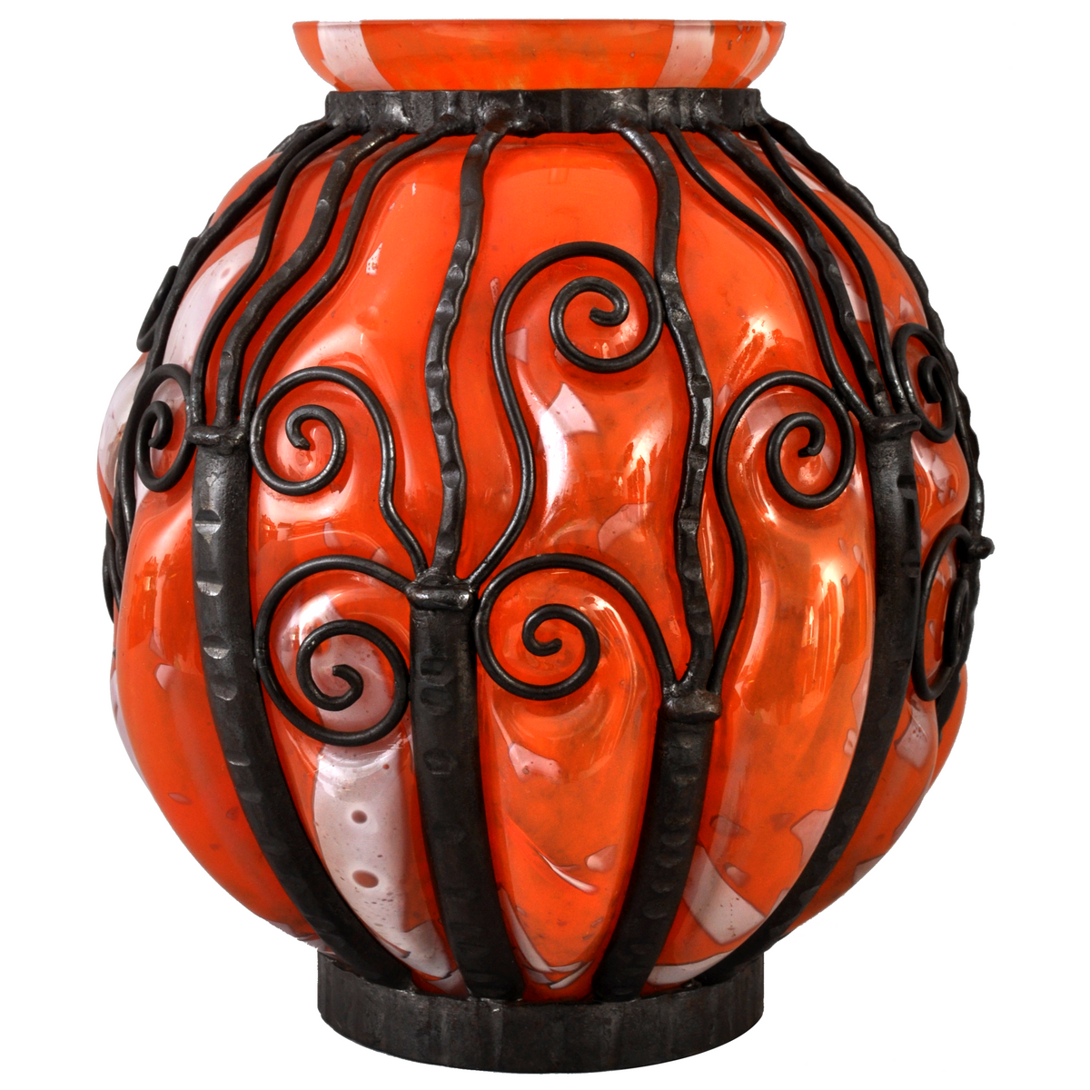 Large Antique French Art Deco Glass and Iron Vase, Daum Majorelle Lorrain Nancy, 1920s