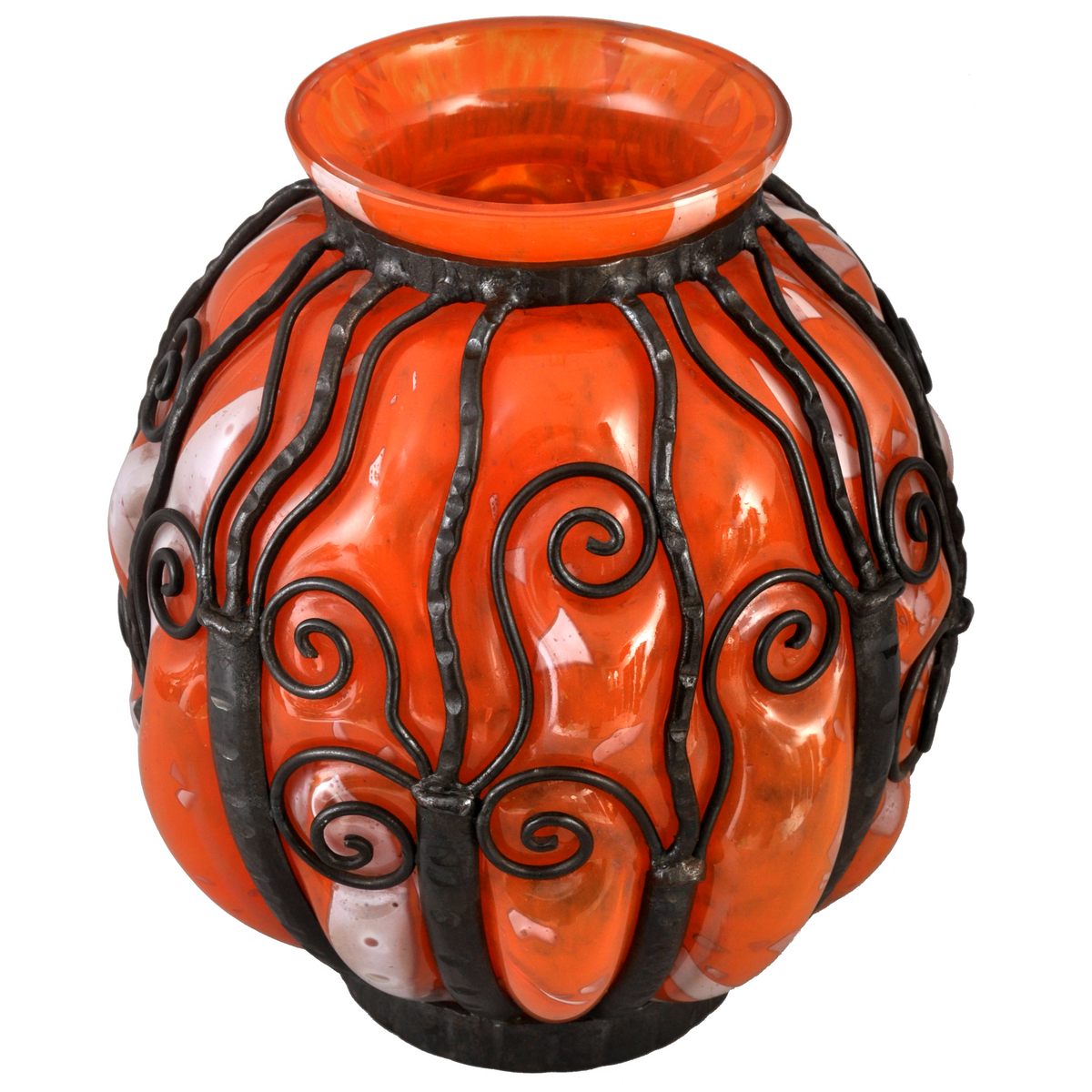 Large Antique French Art Deco Glass and Iron Vase, Daum Majorelle Lorrain Nancy, 1920s