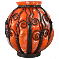 Large Antique French Art Deco Glass and Iron Vase, Daum Majorelle Lorrain Nancy, 1920s