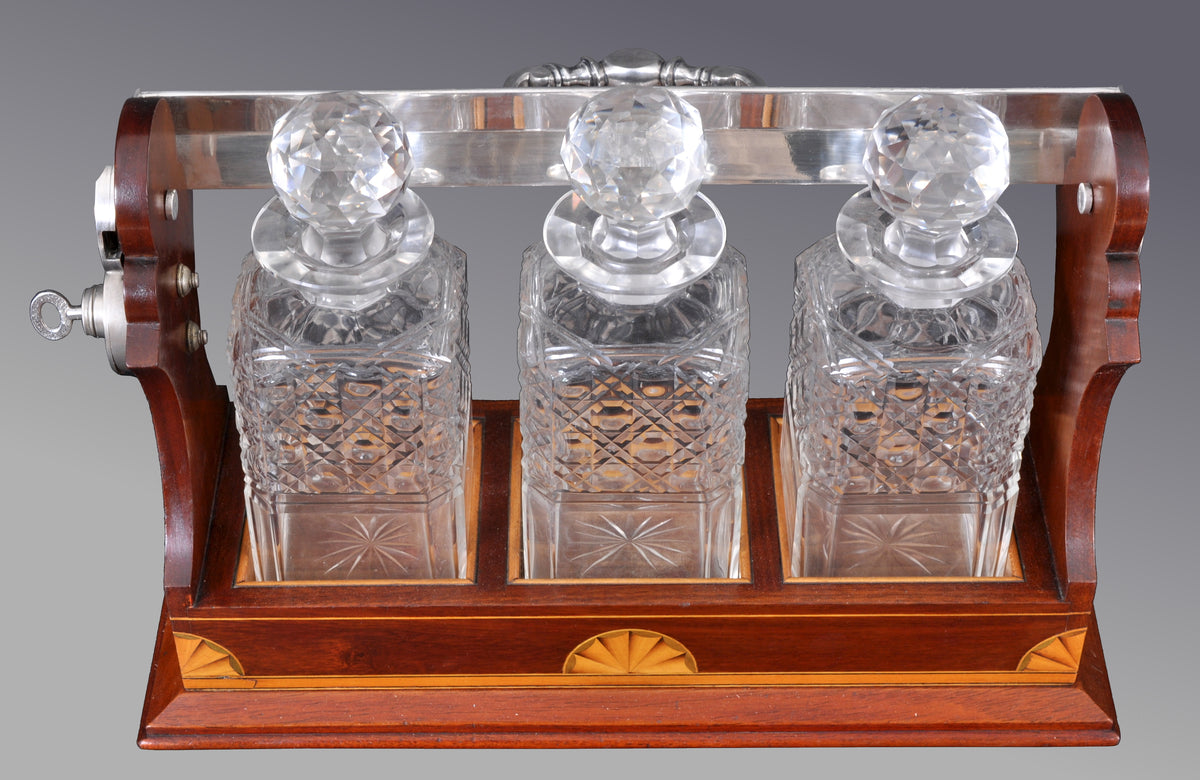 Antique English Sheraton Inlaid Mahogany Edwardian Silver-Plated Tantalus, circa 1890