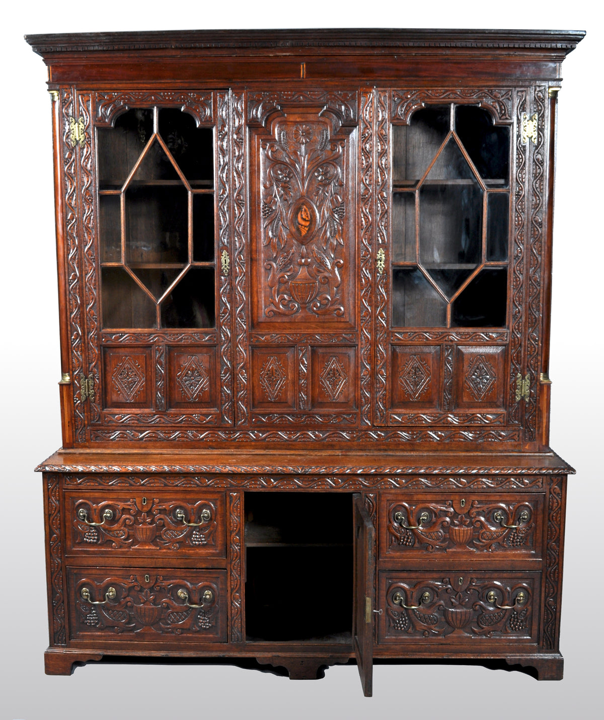 Antique English Georgian Carved Oak Bookcase / Cupboard / Dresser, circa 1750