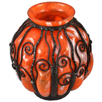 Large Antique French Art Deco Glass and Iron Vase, Daum Majorelle Lorrain Nancy, 1920s