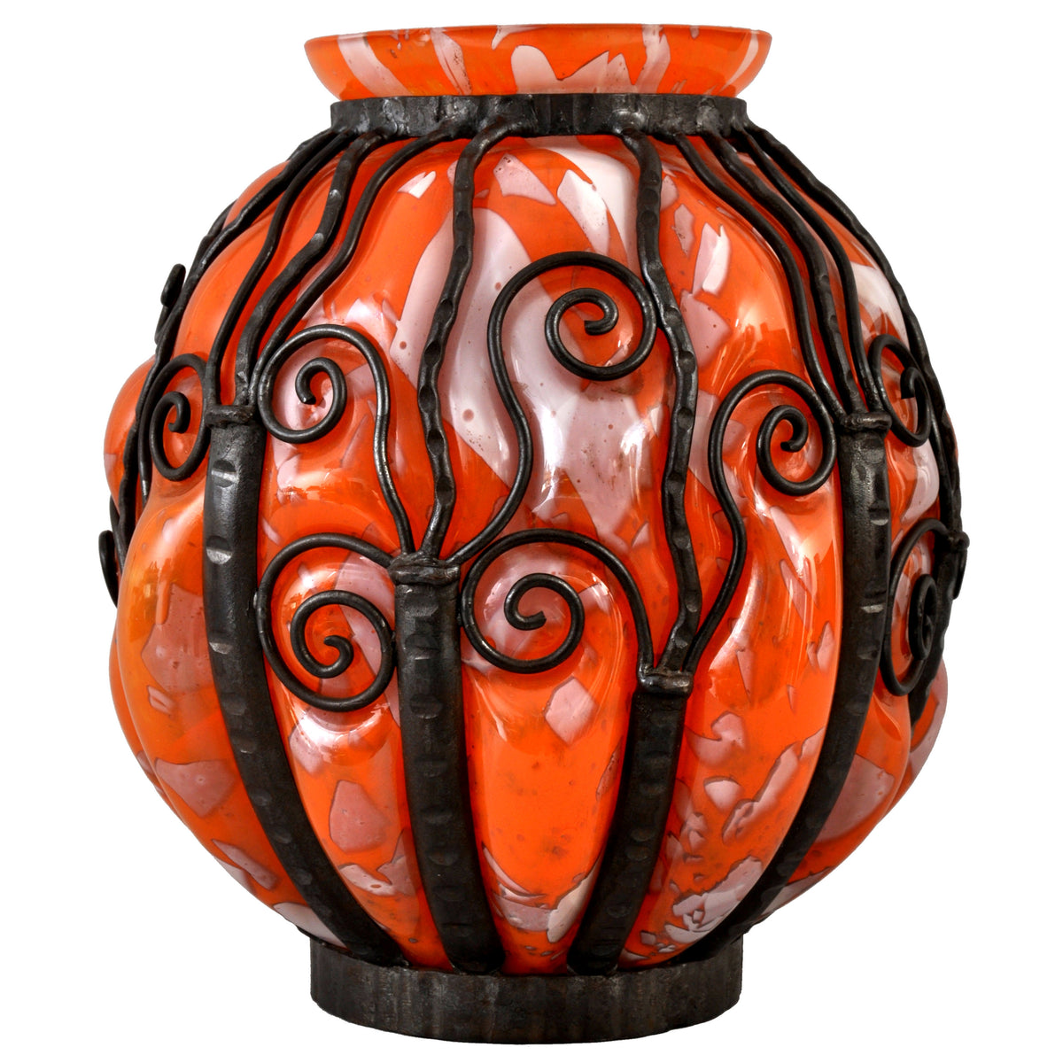 Large Antique French Art Deco Glass and Iron Vase, Daum Majorelle Lorrain Nancy, 1920s