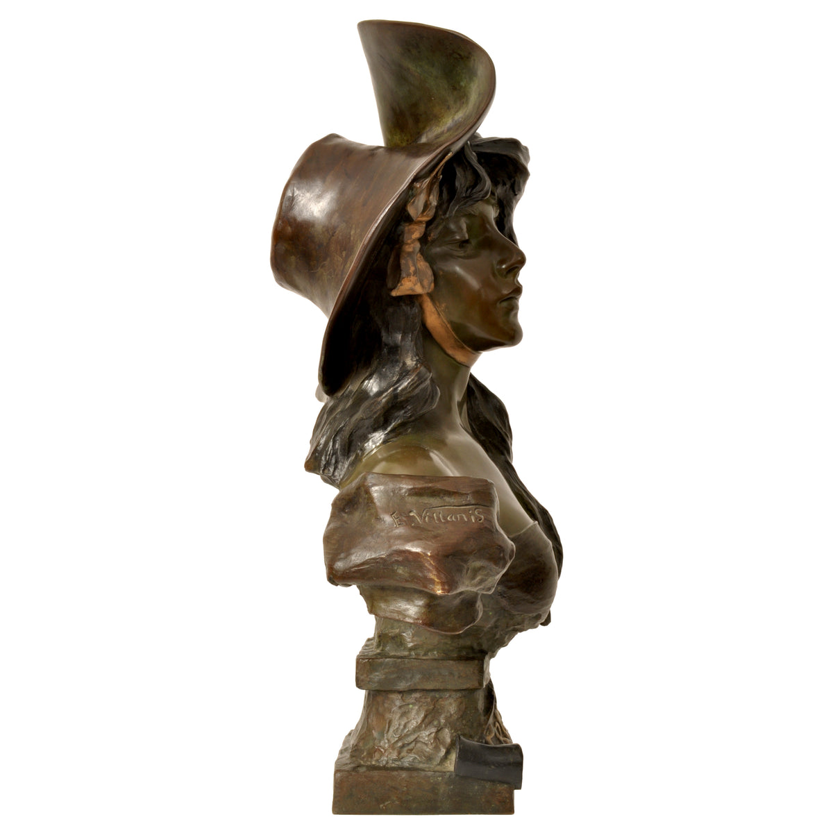 Antique French Art Nouveau Bronze Female Bust "Frinétte" Emanuel Villanis Circa 1895