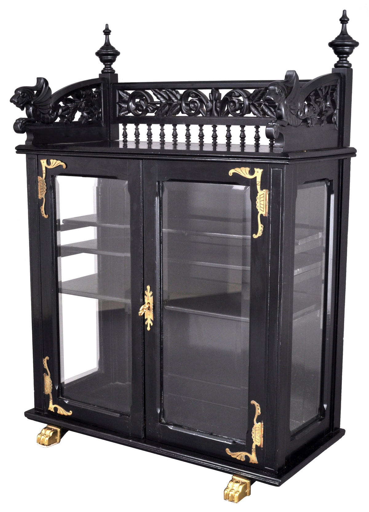 Antique American Aesthetic Movement Carved and Lacquered Griffin Collector's Cabinet / Hutch, circa 1880