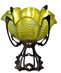 Antique Large Austrian Art Nouveau Loetz Iridescent Glass Bowl on Bronze Stand, circa 1900