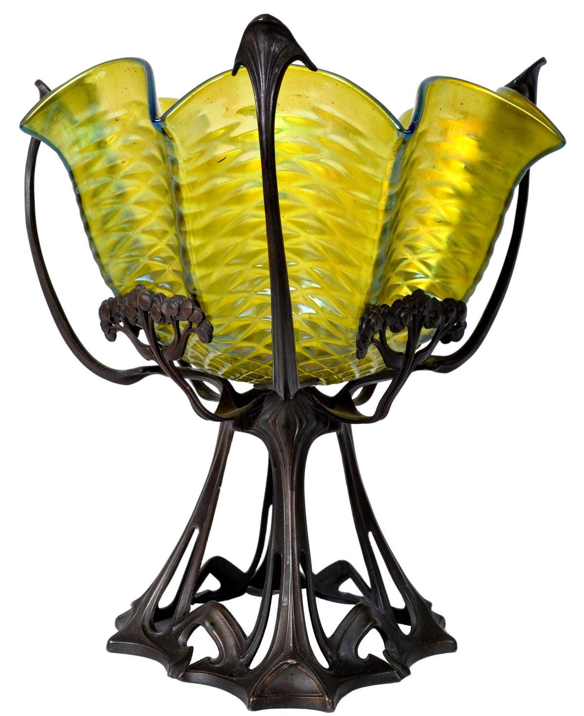 Antique Large Austrian Art Nouveau Loetz Iridescent Glass Bowl on Bronze Stand, circa 1900
