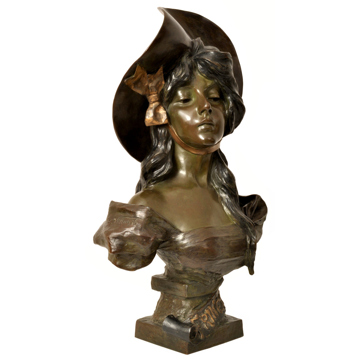 Antique French Art Nouveau Bronze Female Bust "Frinétte" Emanuel Villanis Circa 1895