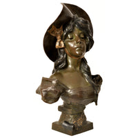 Antique French Art Nouveau Bronze Female Bust "Frinétte" Emanuel Villanis Circa 1895
