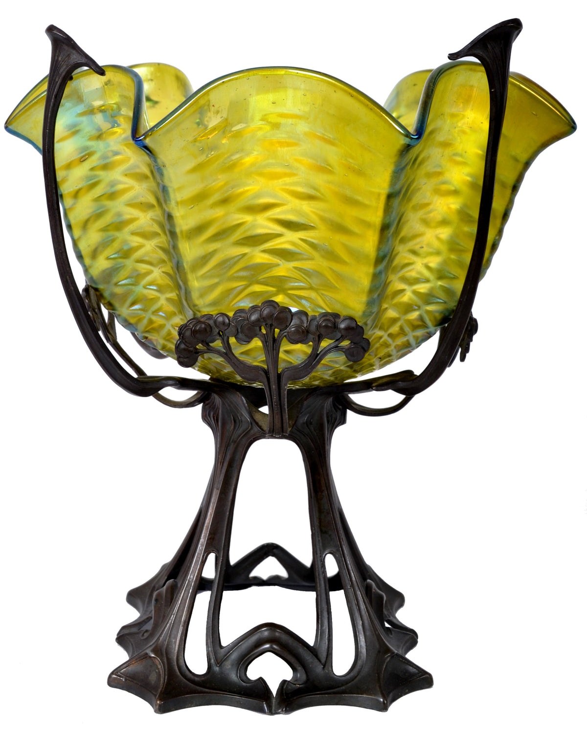 Antique Large Austrian Art Nouveau Loetz Iridescent Glass Bowl on Bronze Stand, circa 1900