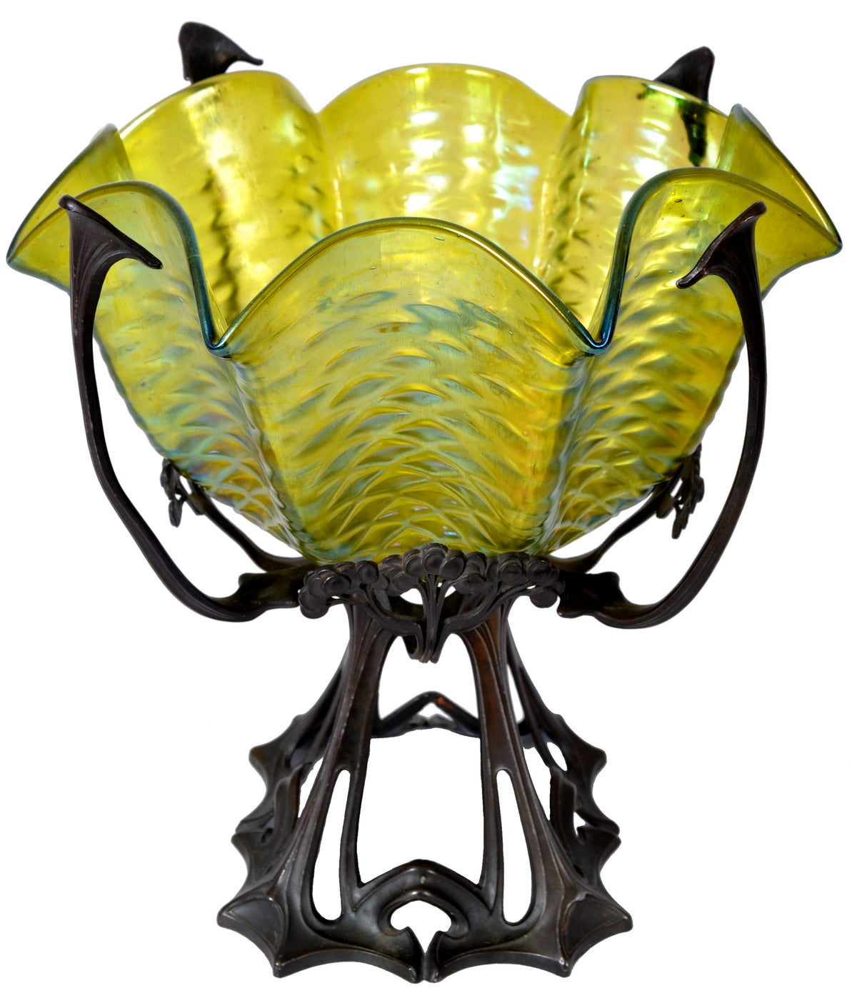 Antique Large Austrian Art Nouveau Loetz Iridescent Glass Bowl on Bronze Stand, circa 1900