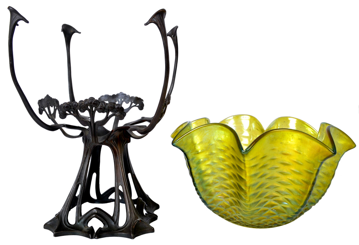 Antique Large Austrian Art Nouveau Loetz Iridescent Glass Bowl on Bronze Stand, circa 1900