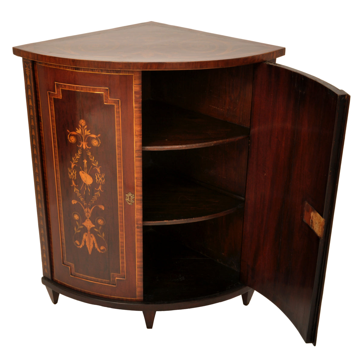 Antique Georgian Regency Marquetry Bow-fronted Neoclassical Corner Cabinet, circa 1800