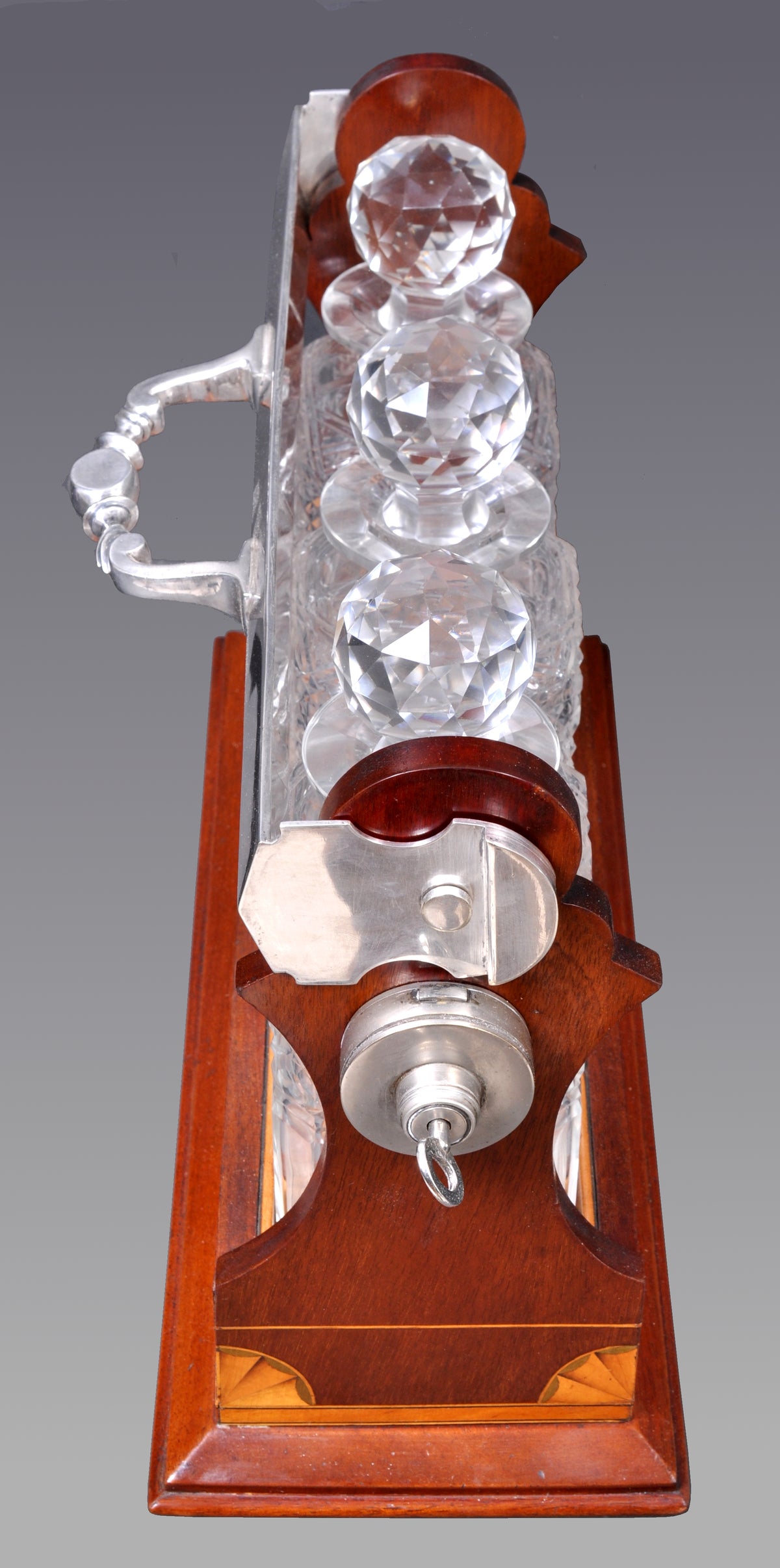 Antique English Sheraton Inlaid Mahogany Edwardian Silver-Plated Tantalus, circa 1890