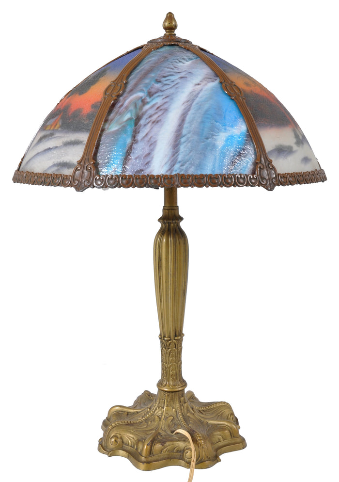 Antique American Art Nouveau Reverse Painted Landscape Table Lamp, circa 1910