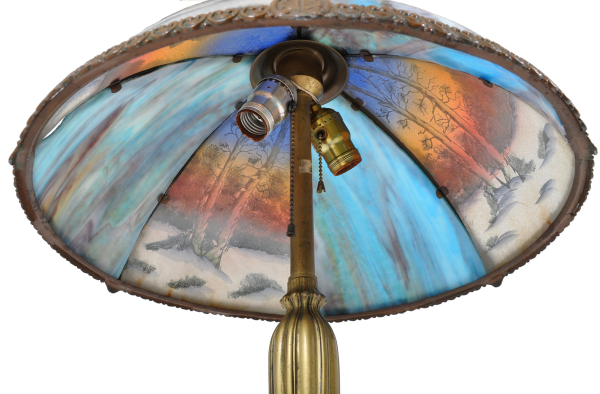 Antique American Art Nouveau Reverse Painted Landscape Table Lamp, circa 1910