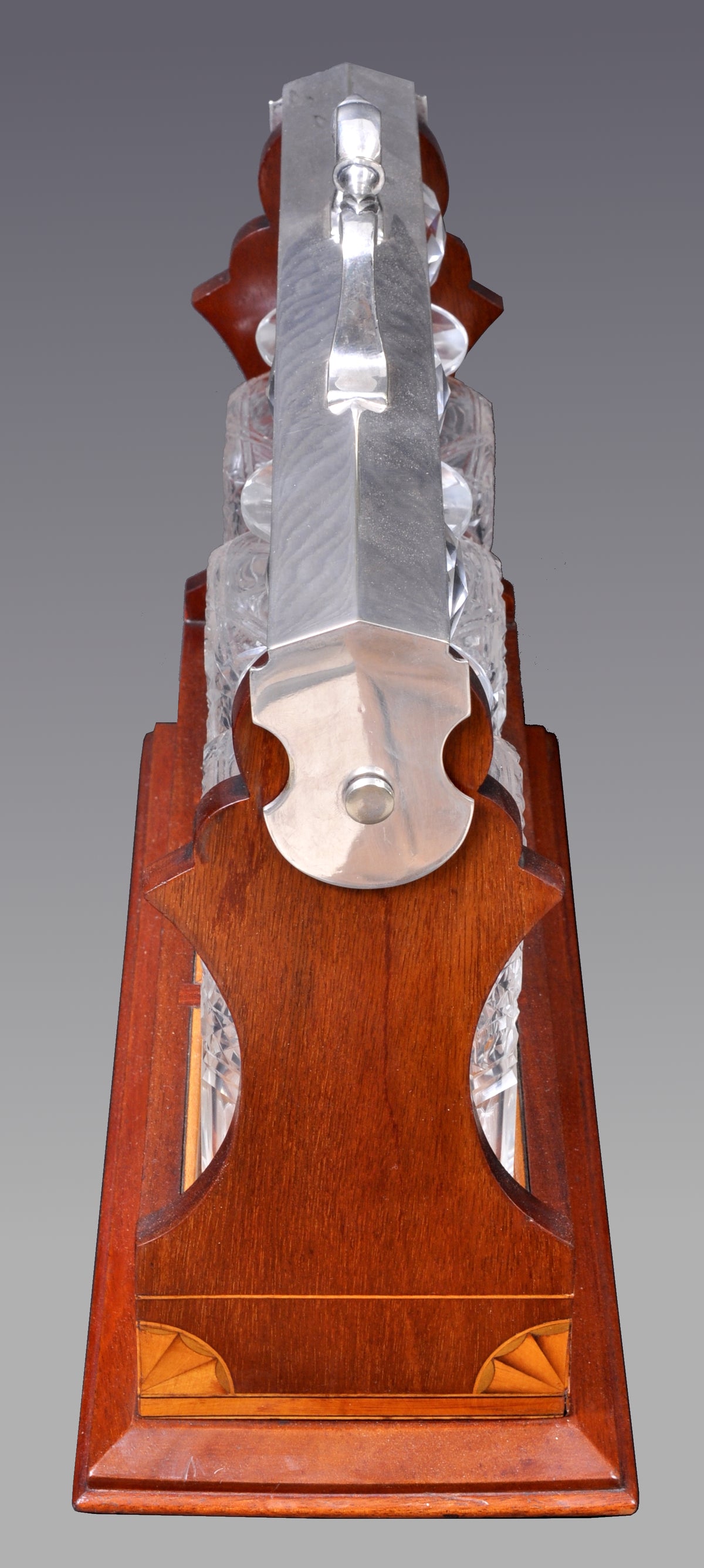 Antique English Sheraton Inlaid Mahogany Edwardian Silver-Plated Tantalus, circa 1890