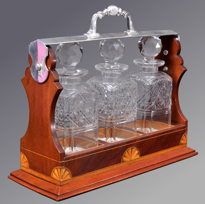 Antique English Sheraton Inlaid Mahogany Edwardian Silver-Plated Tantalus, circa 1890