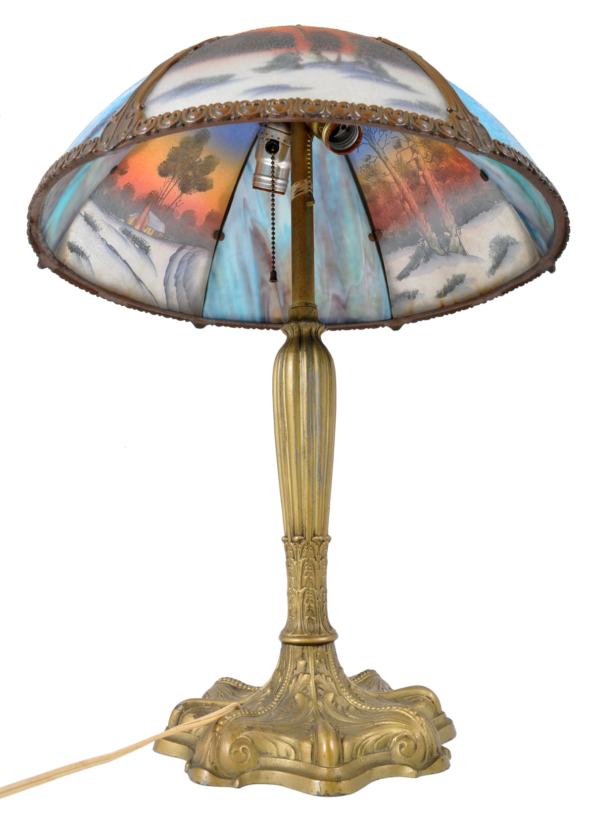 Antique American Art Nouveau Reverse Painted Landscape Table Lamp, circa 1910