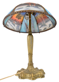 Antique American Art Nouveau Reverse Painted Landscape Table Lamp, circa 1910