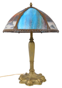 Antique American Art Nouveau Reverse Painted Landscape Table Lamp, circa 1910