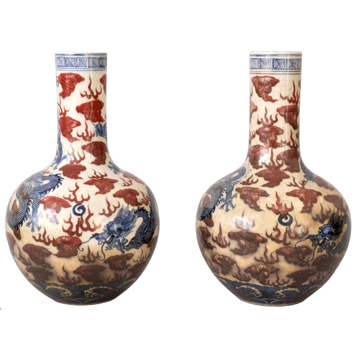 Pair of Large Antique Chinese Qing Dynasty Porcelain Blue & White Dragon Vases, circa 1880