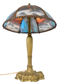 Antique American Art Nouveau Reverse Painted Landscape Table Lamp, circa 1910